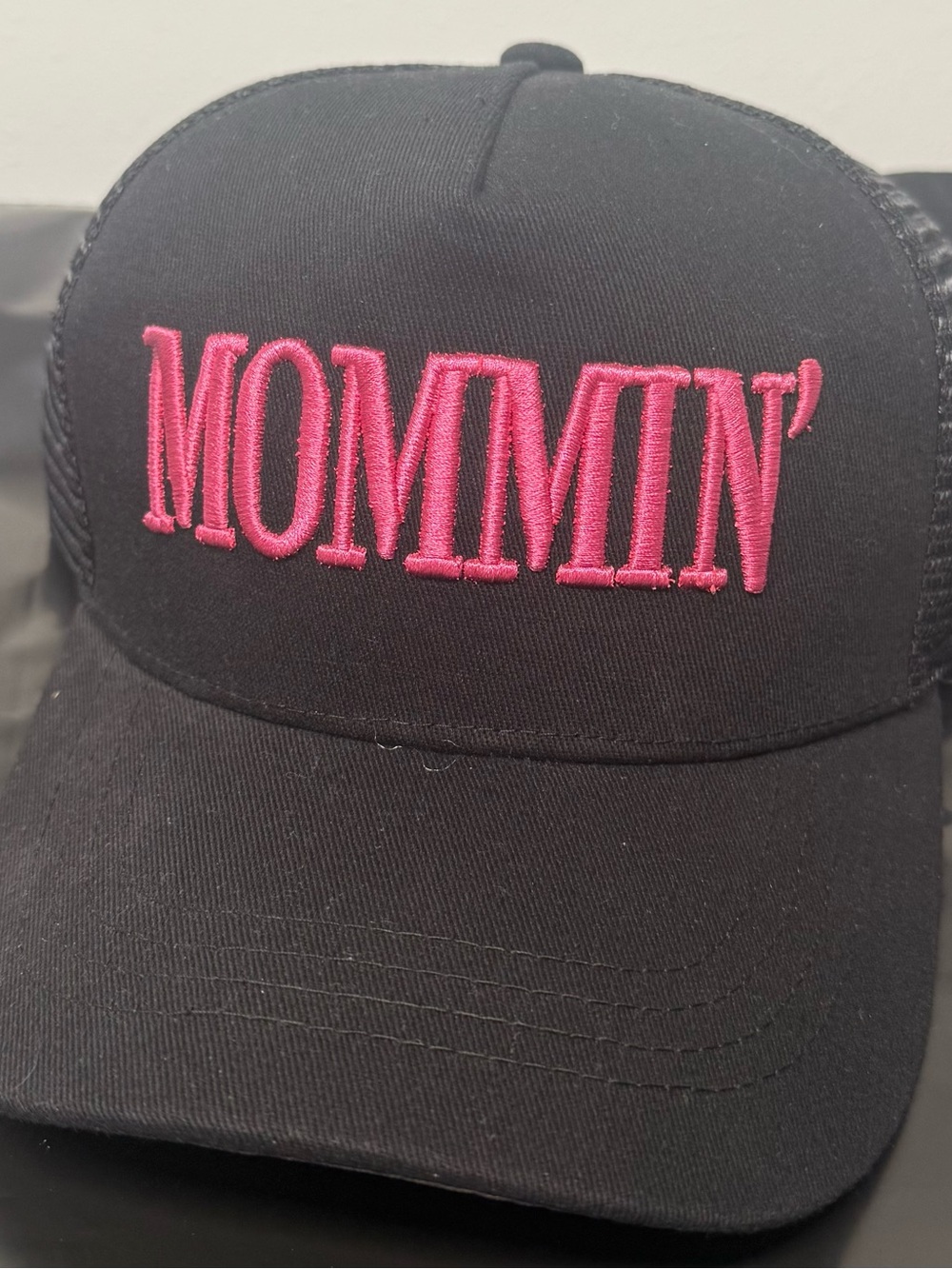 Black Trucker Hat with Pink "MOMMIN'" Embroidery